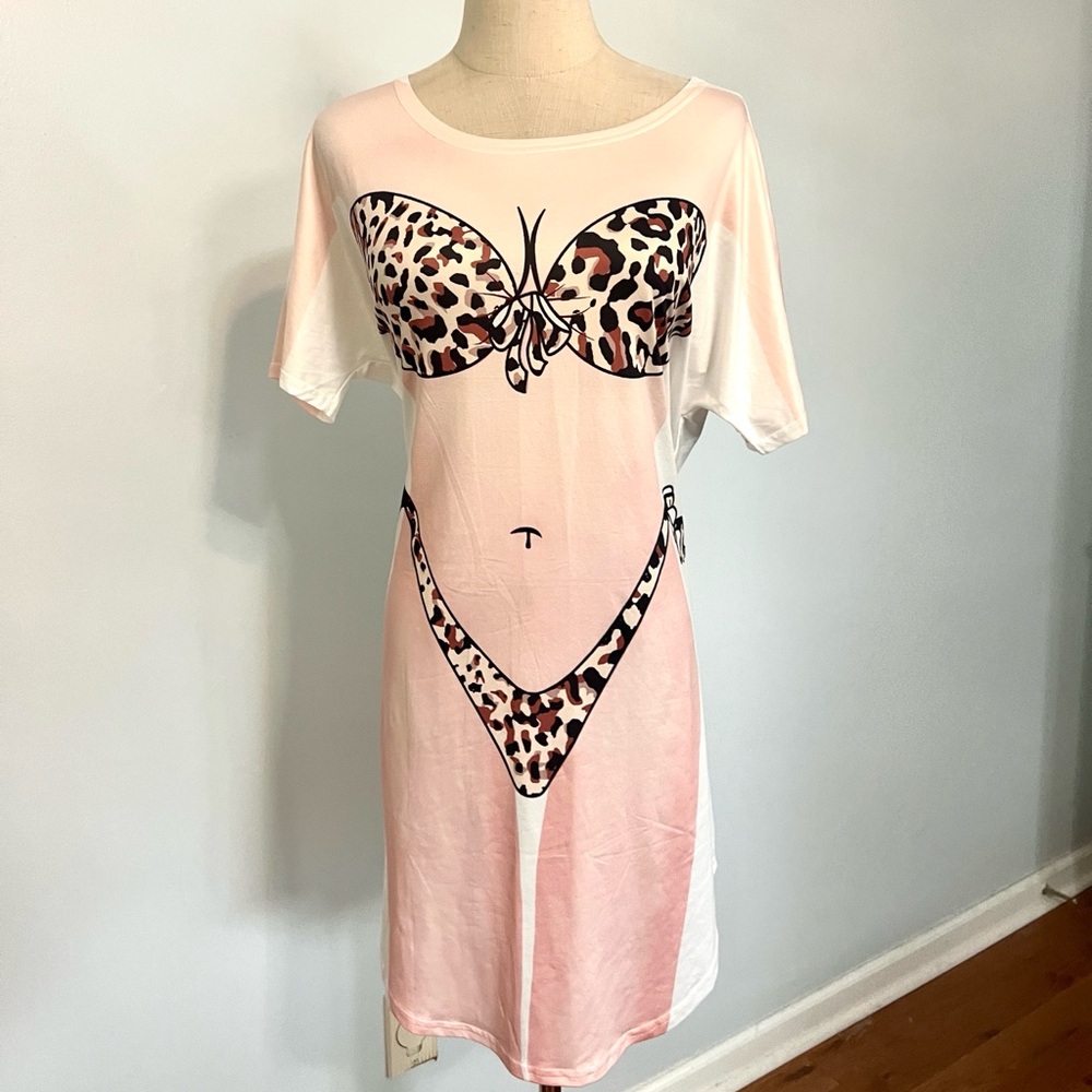 Ekouaer Pink Leopard Bikini Illusion Nightgown Lounge Sleep Dress Stretch Size S - Picture 8 of 9